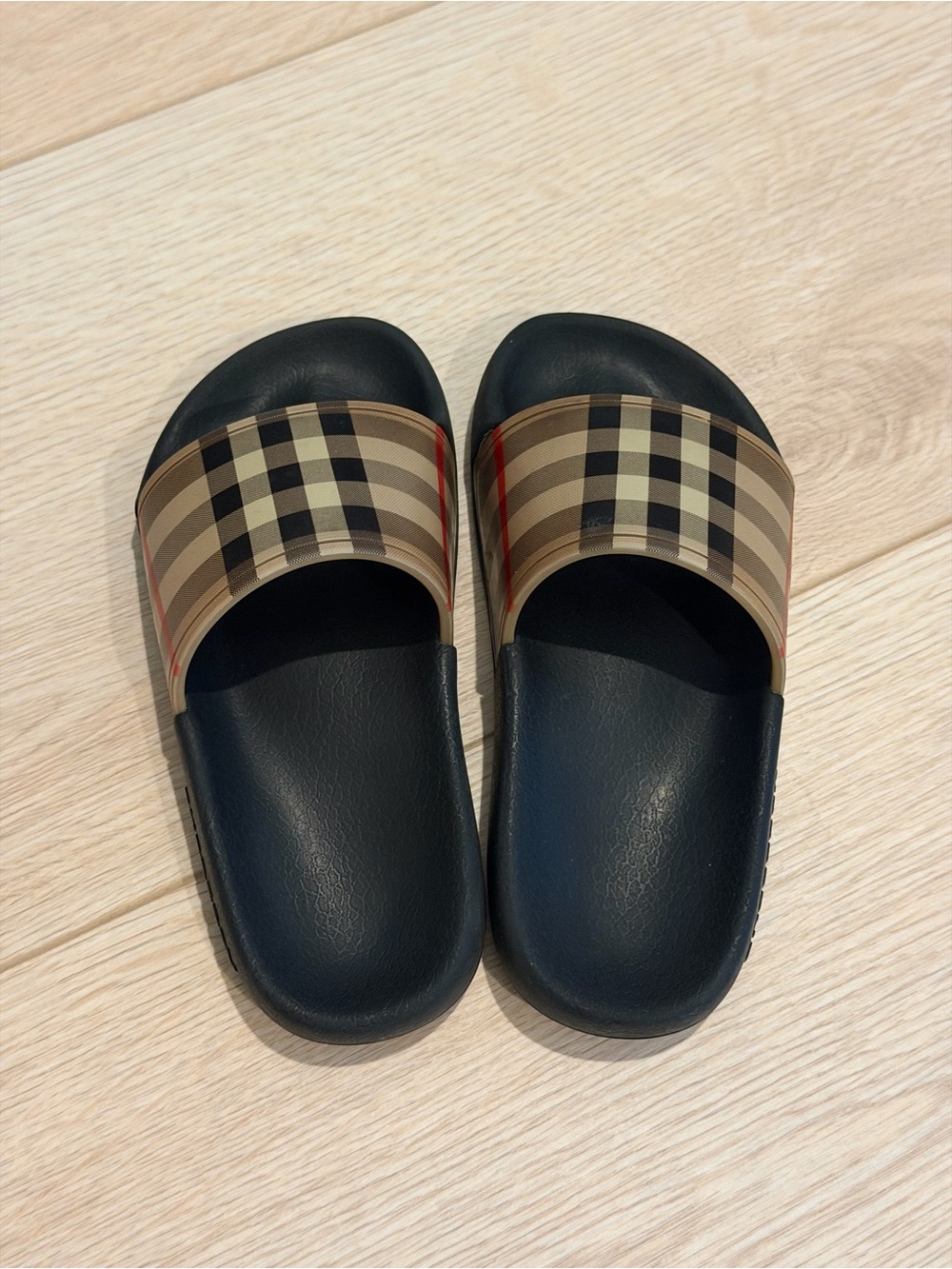 Burberry Black & Beige Check Slide Sandals